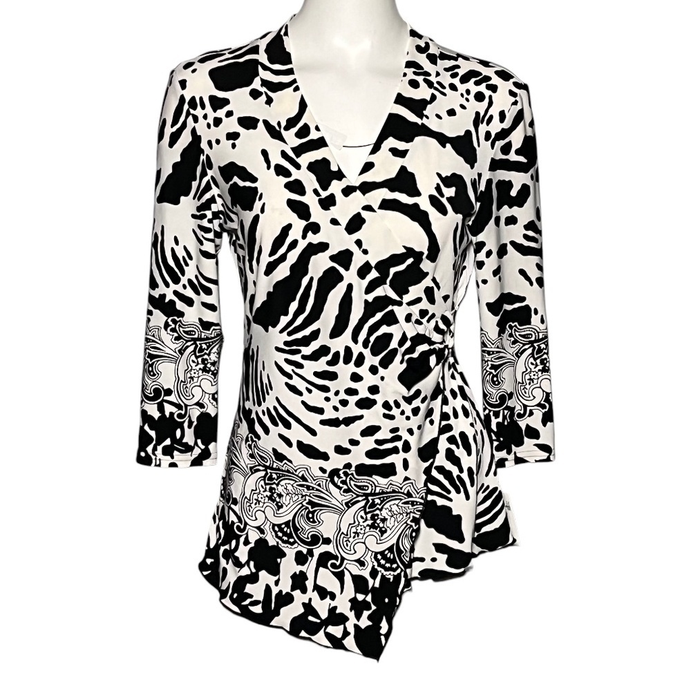 Joseph Ribkoff Wrap Top Size 10 Black Cream Abstract Ruched Canada